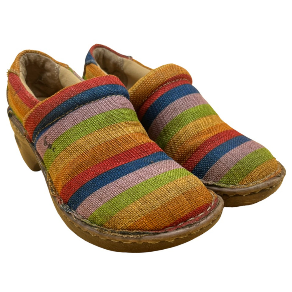 b.o.c. Born Womens Clogs Multicolor Rainbow Stripe Fabric Slip On Mid Heel 6.5M
